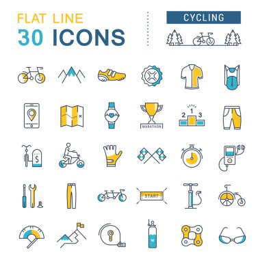 Bisiklete binme vektör düz çizgi Icons set