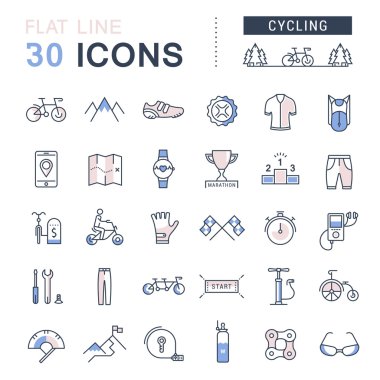 Bisiklete binme vektör düz çizgi Icons set