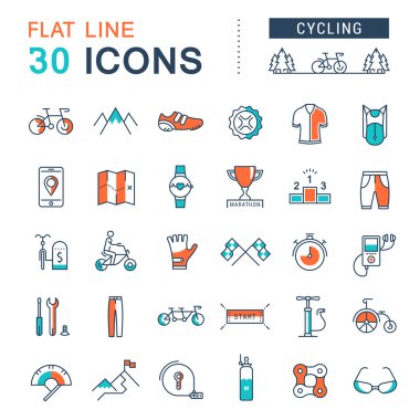 Bisiklete binme vektör düz çizgi Icons set