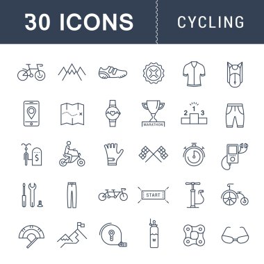 Bisiklete binme vektör düz çizgi Icons set