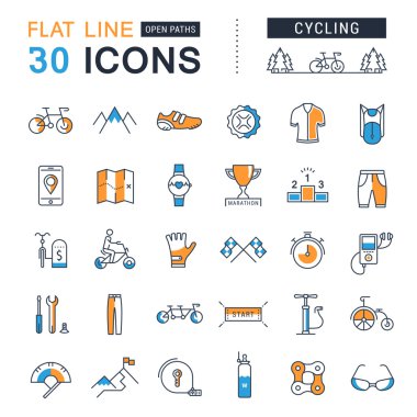 Bisiklete binme vektör düz çizgi Icons set