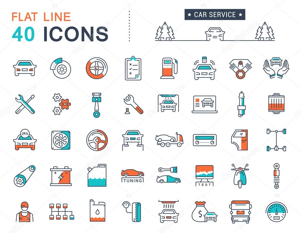 Set vector line icons car service, auto repair and transport in flat design with elements for mobile concepts and web apps. Collection modern infographic logo and pictogram.