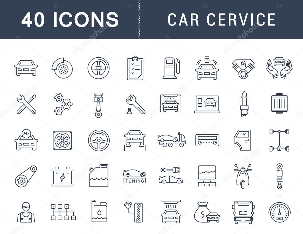 Set vector line icons with open path car service, auto repair and transport with elements for mobile concepts and web apps. Collection modern infographic logo and pictogram.
