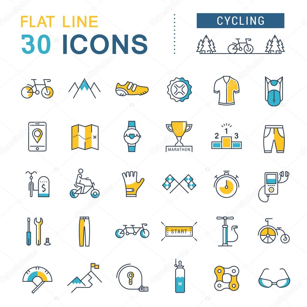 Set vector line icons in flat design cycling, bike elements and parts, bicycle sport with elements for mobile concepts and web apps. Collection modern infographic logo and pictogram.