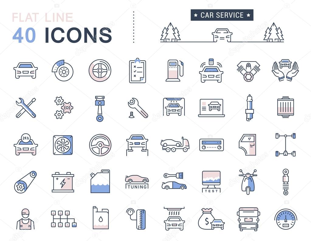 Set vector line icons car service, auto repair and transport in flat design with elements for mobile concepts and web apps. Collection modern infographic logo and pictogram.