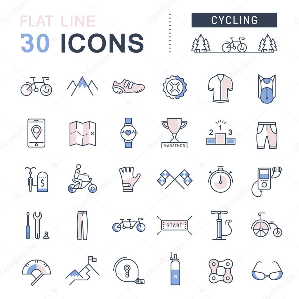 Set vector line icons in flat design cycling, bike elements and parts, bicycle sport with elements for mobile concepts and web apps. Collection modern infographic logo and pictogram.
