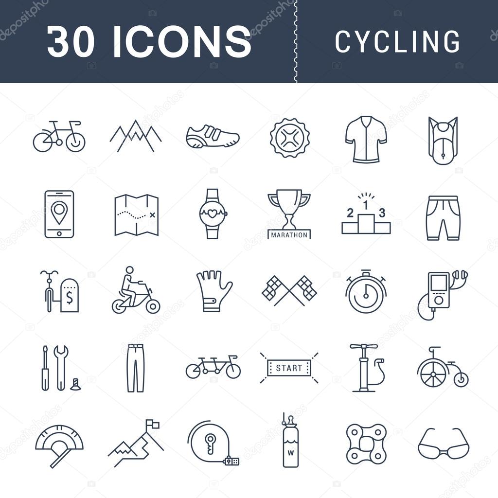 Set vector line icons with open path cycling, bike elements and parts, bicycle sport with elements for mobile concepts and web apps. Collection modern infographic logo and pictogram.