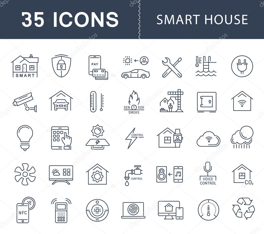 Set vector line icons with open path smart home, smart systems and technology with elements for mobile concepts and web apps. Collection modern infographic logo and pictogram.