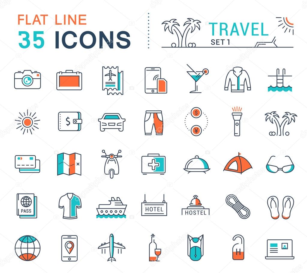 Set vector line icons in flat design travel, hotel service, resort vacation, tour planning, recreational rest, holiday trips for mobile concepts and web apps. Collection modern infographic logos.