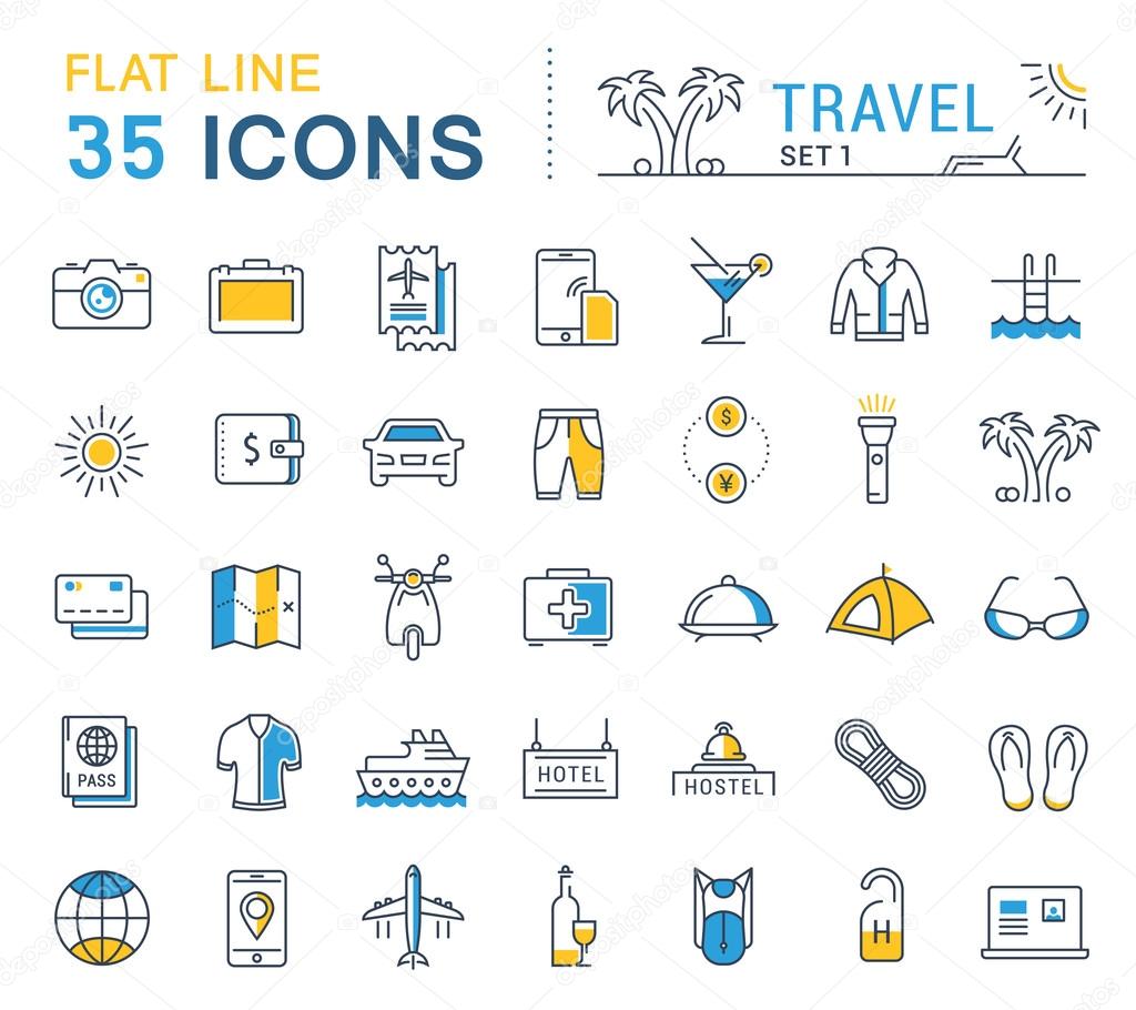Set vector line icons in flat design travel, hotel service, resort vacation, tour planning, recreational rest, holiday trips for mobile concepts and web apps. Collection modern infographic logos.