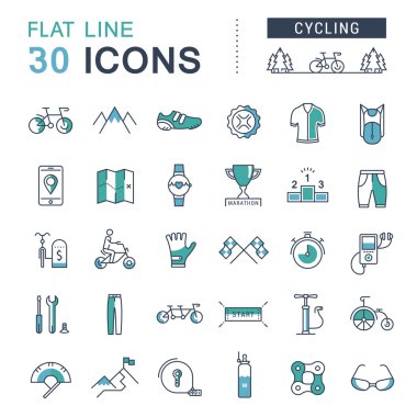 Bisiklete binme vektör düz çizgi Icons set