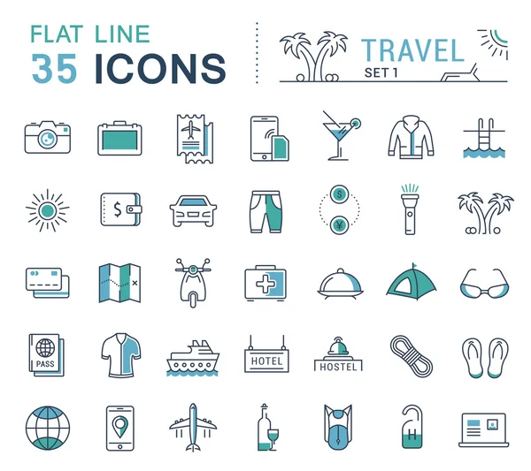 Set Vektor flache Linie Symbole Reise — Stockvektor