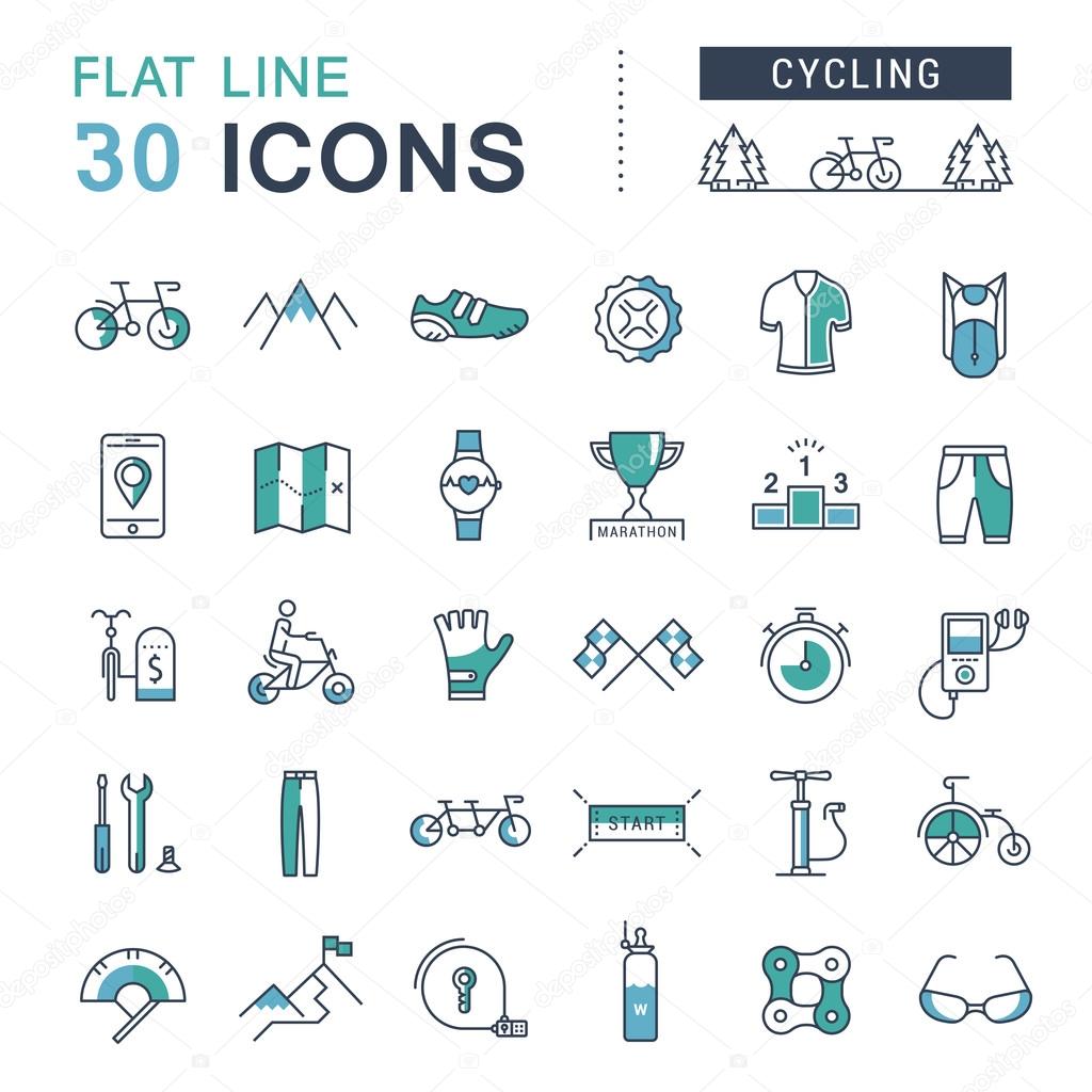 Set vector line icons in flat design cycling, bike elements and parts, bicycle sport with elements for mobile concepts and web apps. Collection modern infographic logo and pictogram.