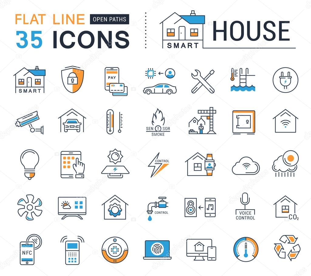 Set vector line icons in flat design smart home, smart systems and technology with elements for mobile concepts and web apps. Collection modern infographic logo and pictogram.