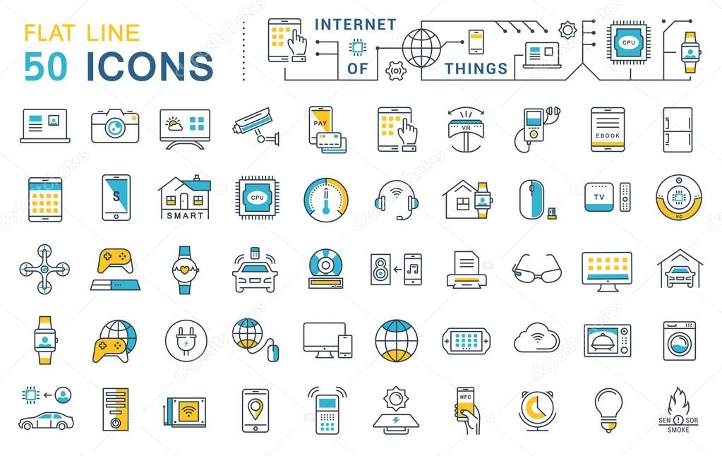 Set vector line icons in flat design internet of things and smart gadgets with elements for mobile concepts and web apps. Collection modern infographic logo and pictogram.
