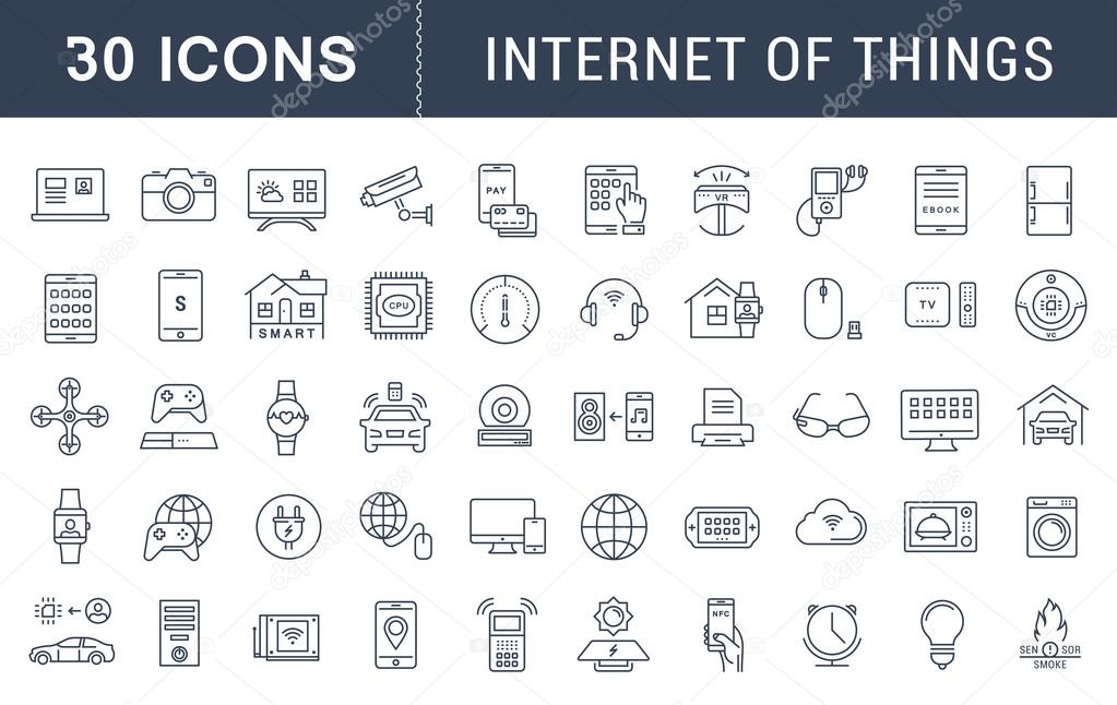 Set vector line icons with open path internet of things and smart gadgets with elements for mobile concepts and web apps. Collection modern infographic logo and pictogram