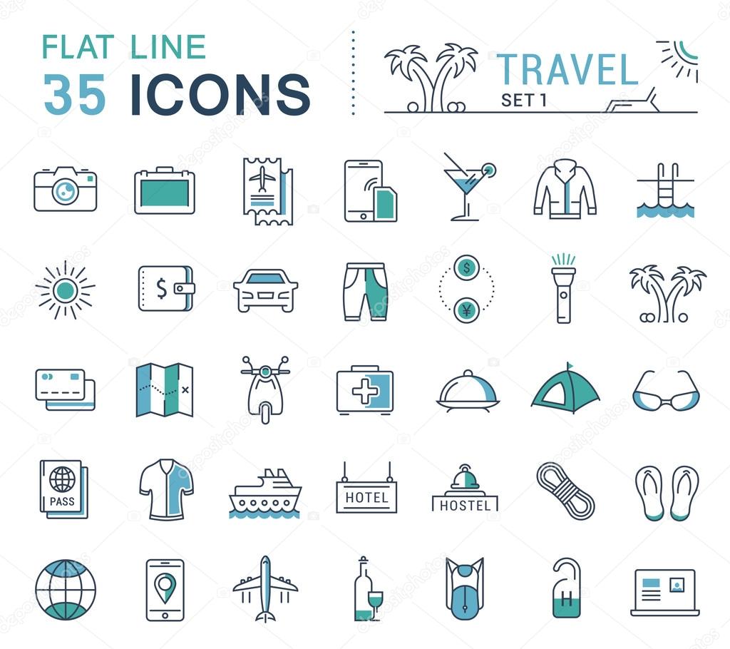 Set vector line icons in flat design travel, hotel service, resort vacation, tour planning, recreational rest, holiday trips for mobile concepts and web apps. Collection modern infographic logos.