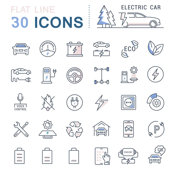 Set Vector Línea Plana Iconos Coches Eléctricos — Archivo Imágenes Vectoriales