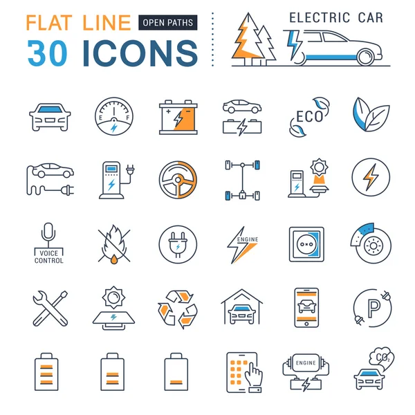 Set Vector Línea Plana Iconos Coches Eléctricos — Vector de stock