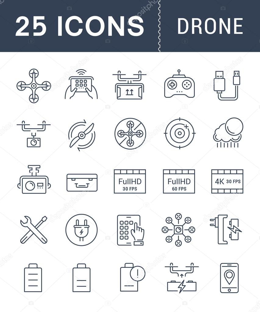 Set vector line icons with open path drones and flying gadgets with elements for mobile concepts and web apps. Collection modern infographic logo and pictogram