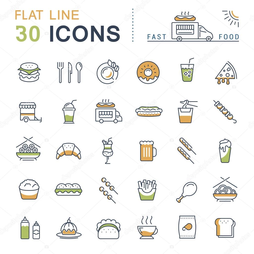 Set vector line icons in flat design fast food and Chinese food with elements for mobile concepts and web apps. Collection modern infographic logo and pictogram.