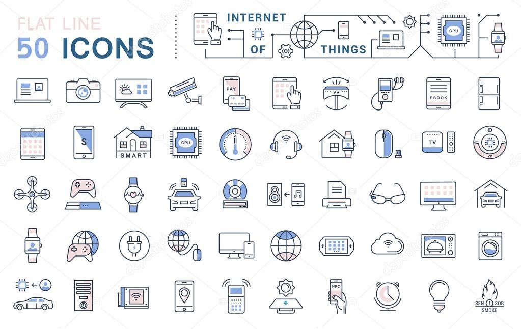 Set vector line icons in flat design internet of things and smart gadgets with elements for mobile concepts and web apps. Collection modern infographic logo and pictogram.