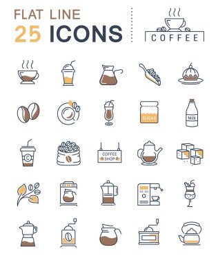 Vektör düz çizgi simgeler kahve ayarla