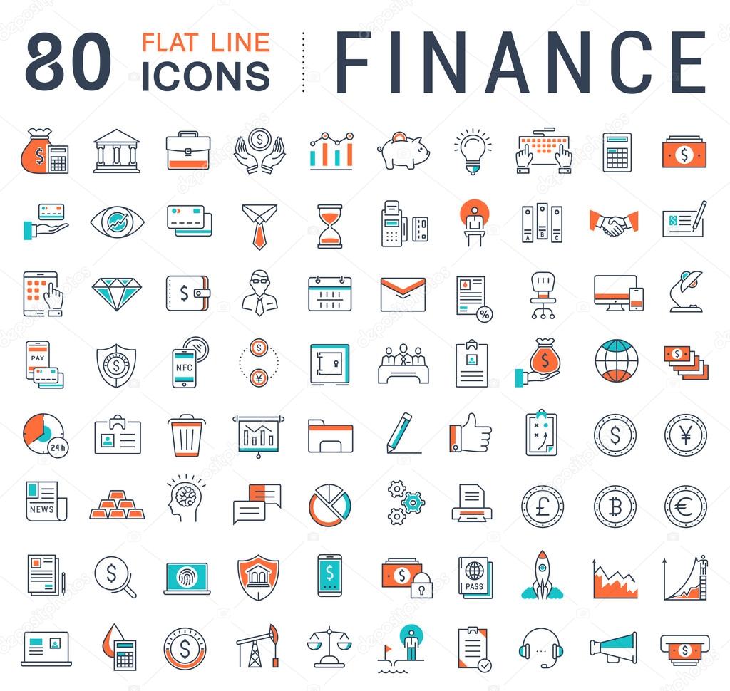 Set vector line icons in flat design finance and business with elements for mobile concepts and web apps. Collection modern infographic logo and pictogram.