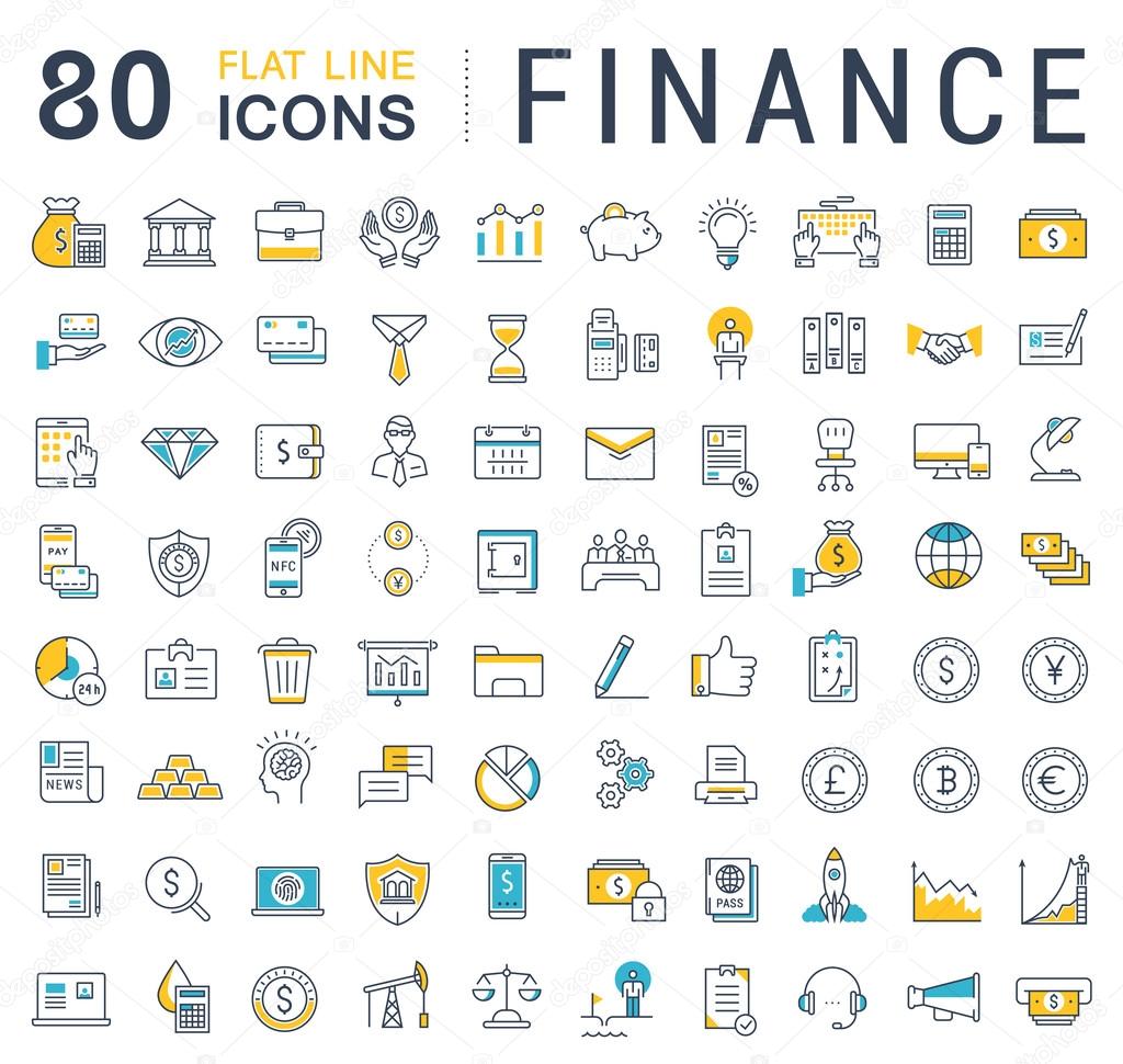 Set vector line icons in flat design finance and business with elements for mobile concepts and web apps. Collection modern infographic logo and pictogram.