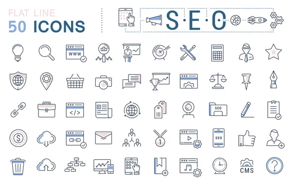 Imposta icone della linea piatta vettoriale SEO — Vettoriale Stock