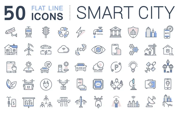 Impostare le icone della linea piana vettoriale Smart City — Vettoriale Stock