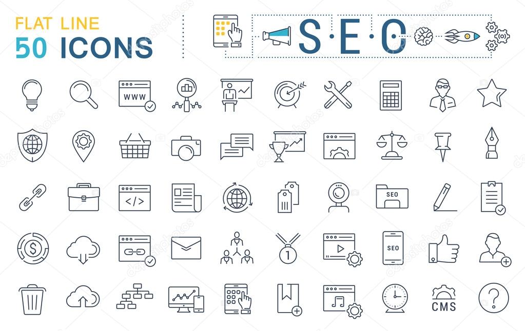 Set vector line icons in flat design with elements SEO and web design for mobile concepts and web apps. Collection modern infographic logo and pictogram.