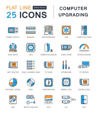 Bilgisayar yükseltme vektör düz çizgi Icons set