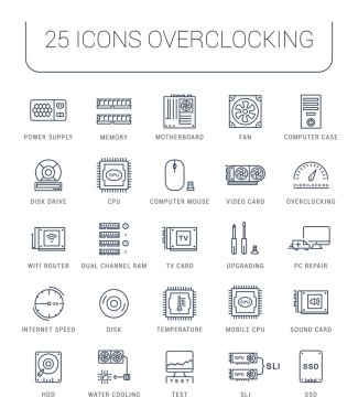 Bilgisayar yükseltme vektör düz çizgi Icons set