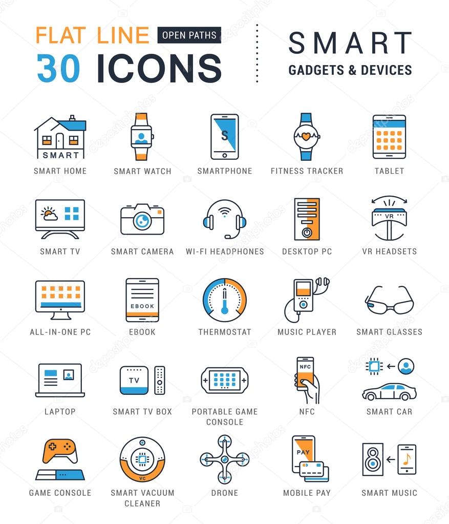 Set vector line icons with open path smart device and gadgets, smart, home, car drones and other device with elements for mobile concepts and web apps. Collection modern infographic logo and pictogram
