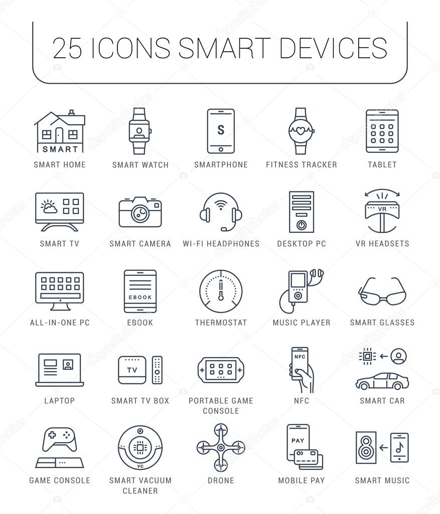 Set vector line icons with open path smart device and gadgets, smart, home, car drones and other device with elements for mobile concepts and web apps. Collection modern infographic logo and pictogram