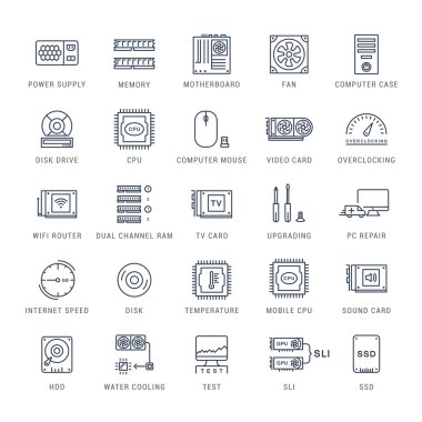 Bilgisayar yükseltme vektör düz çizgi Icons set