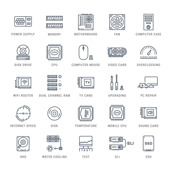 Bilgisayar yükseltme vektör düz çizgi Icons set