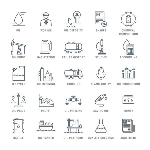 Ensemble vectoriel Icônes de ligne plate Industrie pétrolière — Image vectorielle