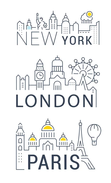 Set Vektor Line Banner Paris, London und New York — Stockvektor
