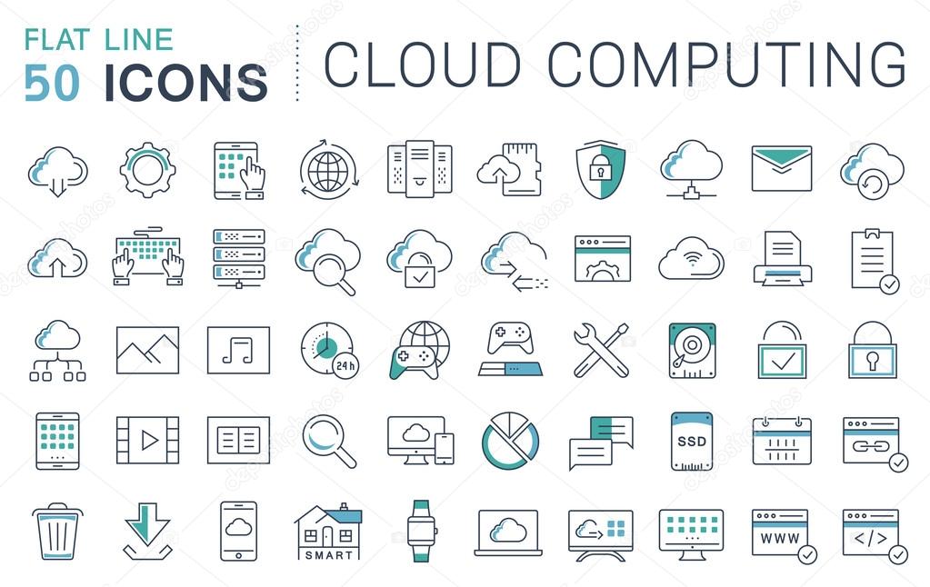 Set vector line icons in flat design with elements cloud computing for mobile concepts and web apps. Collection modern infographic logo and pictogram.