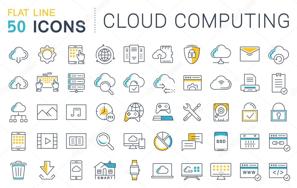 Set vector line icons in flat design with elements cloud computing for mobile concepts and web apps. Collection modern infographic logo and pictogram.