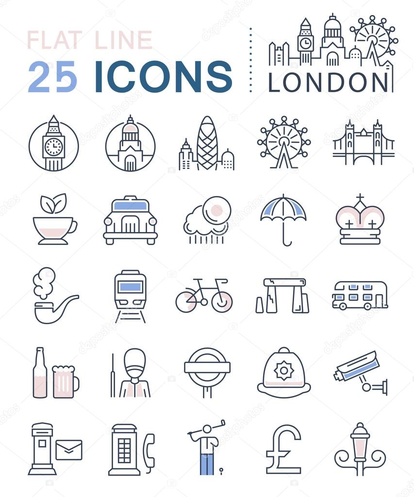 Set vector line icons in flat design London and England with elements for mobile concepts and web apps. Collection modern infographic logo and pictogram.