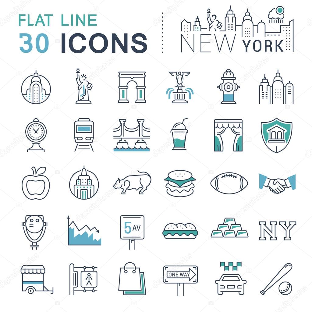 Set vector line icons in flat design New York and USA with elements for mobile concepts and web apps. Collection modern infographic logo and pictogram.