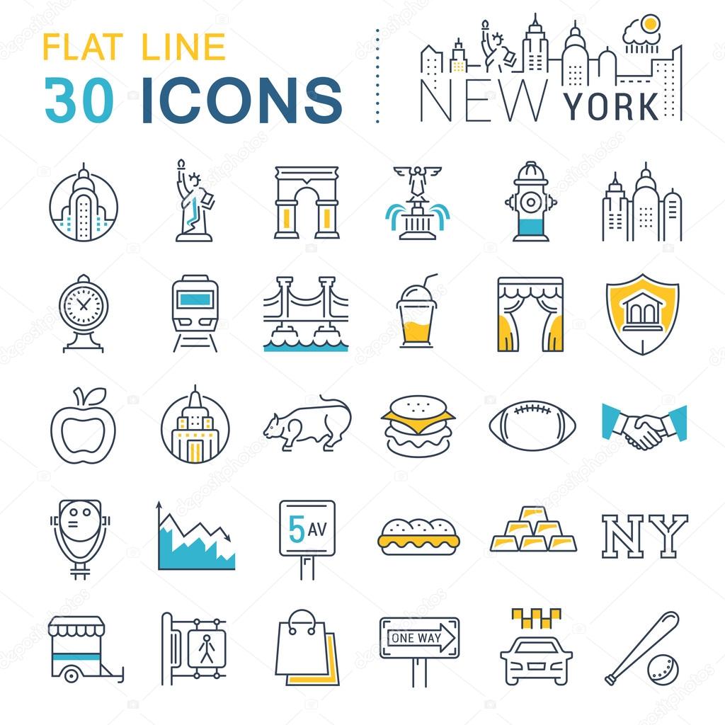 Set vector line icons in flat design New York and USA with elements for mobile concepts and web apps. Collection modern infographic logo and pictogram.