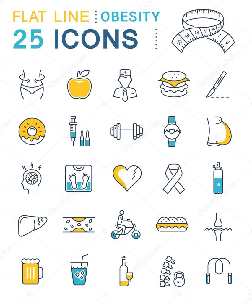 Set vector line icons in flat design obesity, junk food and health with elements for mobile concepts and web apps. Collection modern infographic logo and pictogram.