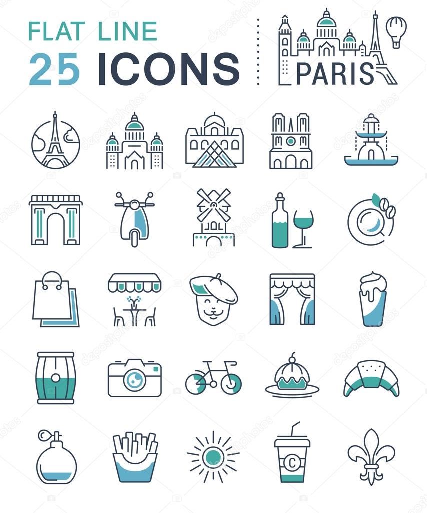 Set vector line icons in flat design Paris and France with elements for mobile concepts and web apps. Collection modern infographic logo and pictogram.