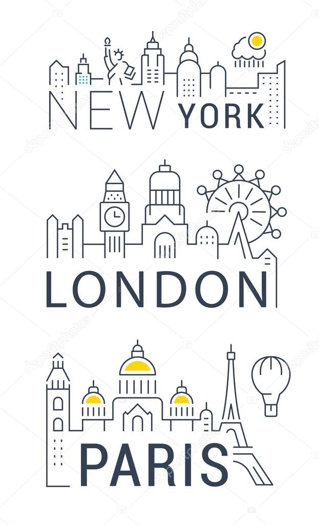 Set of flat line vector banners on the theme Paris, London, New York. Template for travel, adventure, vacation. Modern flat design. Trip vector logo.