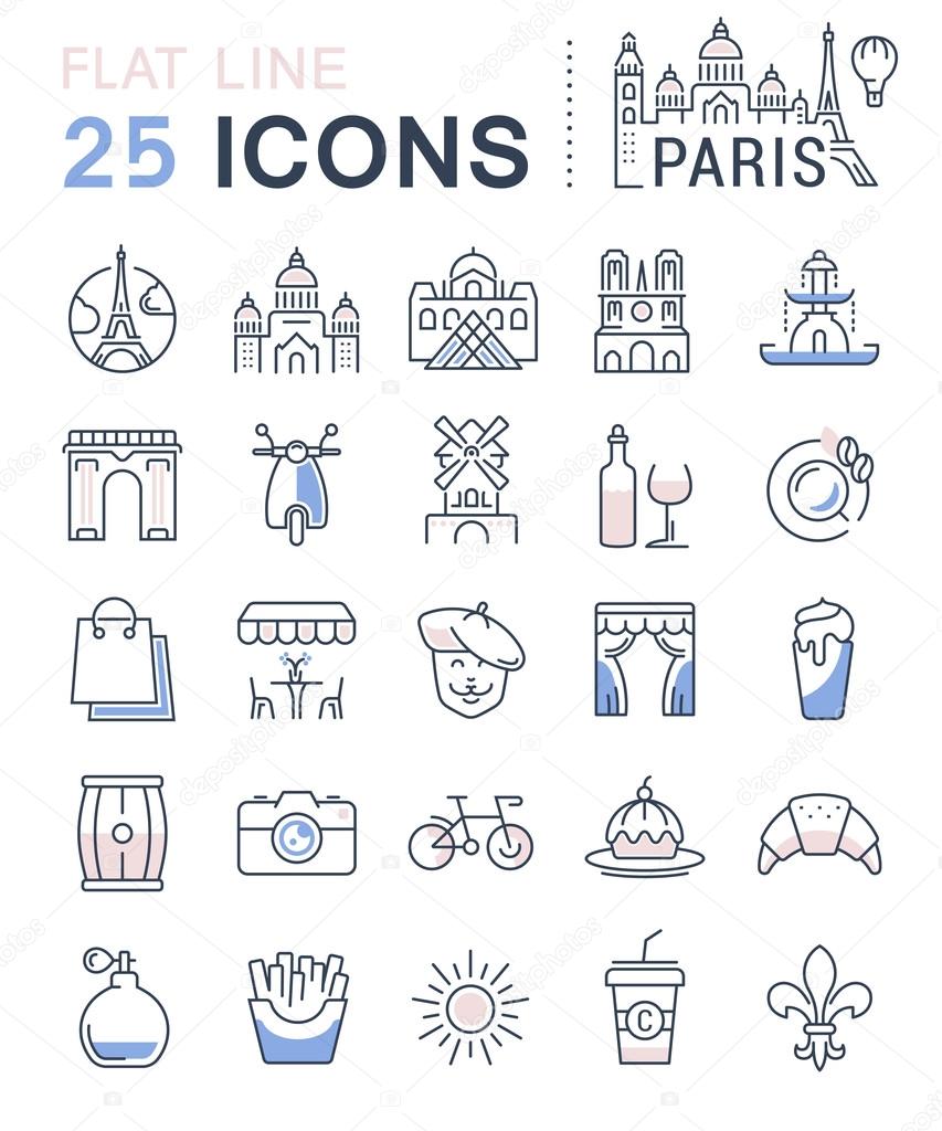 Set vector line icons in flat design Paris and France with elements for mobile concepts and web apps. Collection modern infographic logo and pictogram.