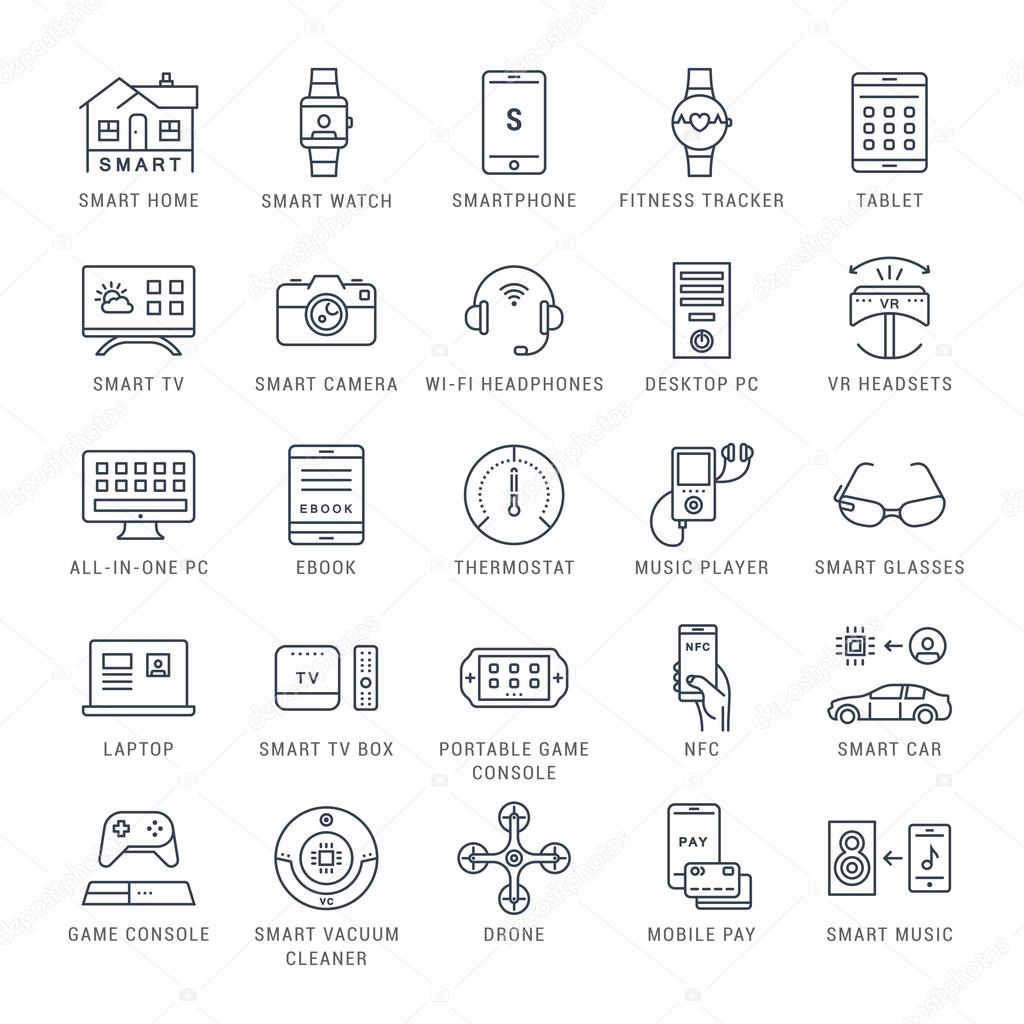 Set vector line icons with open path smart device and gadgets, smart, home, car drones and other device with elements for mobile concepts and web apps. Collection modern infographic logo and pictogram